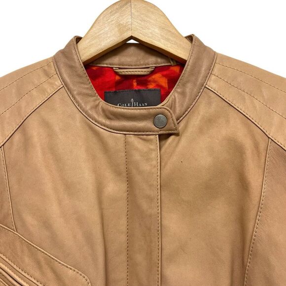 Cole Haan Lamb Leather Moto Jacket Zip Front Collarless Tan Nude Brown Women’s M - Picture 4 of 12